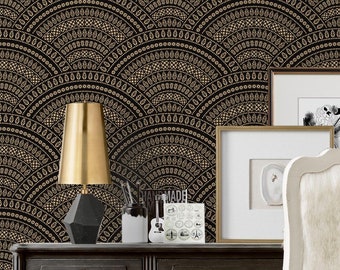 Art Deco Repositionable Wallpaper, Peel & Stick Fabric Wallpaper, Art Deco Self Adhesive Wallpaper, Available in Three Colors #71