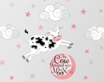 The Cow Jumped Over the Moon Classic Kinderzimmer Rhyme Repositionable Stoff Wandaufkleber für Kinderzimmer, Mädchen oder Jungenzimmer, PVC frei