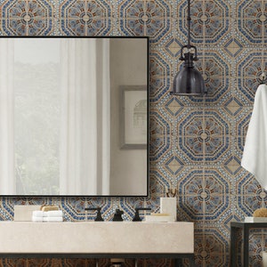 Moroccan Ceramic Tile Repositionable Removable Wallpaper, Peel & Stick Fabric Wallpaper, Spanish Portuguese Azulejo Tile, PVC Free #3