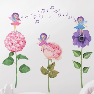 Giant Flowers with Fairies Repositionable Fabric Wall Decal for Nursery or Girl&#39;s Room, Eco Friendly Sticker, Disney Fairies Decal