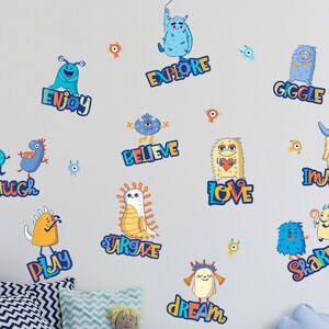 Cute Monsters Mural, Repositionable Decal Sticker for Nursery, Boy&#39;s, Girl&#39;s Room or Playroom, Inspirational Words Fabric Decal, PVC Free
