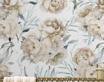 Watercolor Peonies Repositionable Wallpaper, Peel & Stick Wallpaper, Floral Fabric Wallpaper, Self Adhesive Wallpaper, Removable Wallpaper