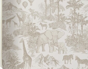 Vintage Safari Animals Self-Adhesive Removable Wallpaper, Peel & Stick Fabric Wallpaper for Kids' Room Vinyl Free, Non-Toxic #693