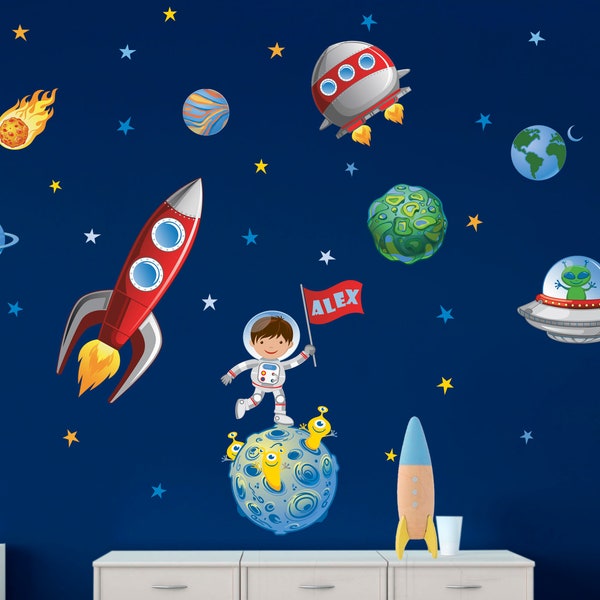 Outer Space Repositionable Fabric Wall Decal for Nursery, Boy's, Girl's Room or Playroom, Personalized Rocket Ship Sticker, Kid's Room Decor