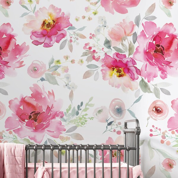 Watercolor Floral Repositionable Wallpaper, Peel and Stick Wallpaper, Floral Fabric Wallpaper, Watercolor  Flowers, Nursery Wall Decor #P6A