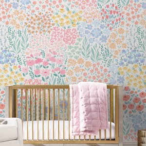 Floral Repositionable Wallpaper, Peel & Stick Fabric Wallpaper, Self Adhesive Fabric Wallpaper for Nursery or Girl&#39;s Room, PVC Free #592