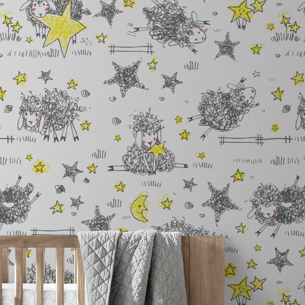 Sheep Repositionable Wallpaper, Peel & Stick Wallpaper, Sheep Fabric Wallpaper, Removable Self Adhesive Wallpaper, Kids Room Wall Decor #9