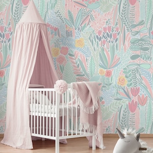 Floral Repositionable Wallpaper, Peel & Stick Fabric Wallpaper, Self Adhesive Floral Wallpaper For Nursery or Girl&#39;s Room, PVC Free #494M