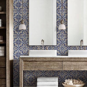 Blue Moroccan Tile Repositionable Removable Wallpaper, Peel & Stick Fabric Wallpaper, Spanish Portuguese Azulejo Tile