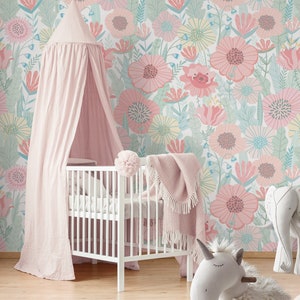 Floral Repositionable Wallpaper, Peel & Stick Wallpaper, Floral Fabric Wallpaper, Floral Wallpaper for Nursery or Girl&#39;s Room, PVC Free #576