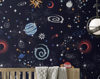 Space Repositionable Wallpaper, Peel & Stick Fabric Wallpaper, Cosmos Self Adhesive Wallpaper for Nursery or Boy's Room, PVC Free #267