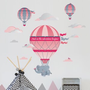 Elephant Flying Hot Air Balloon Personalized Repositionable Wall Decal for Nursery Boy&#39;s or Girl&#39;s Room,  Hot Air Balloons Sticker