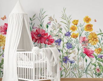 Floral Repositionable Mural Wallpaper, Peel & Stick Wallpaper, Self Adhesive Wallpaper for Nursery or Girl's Room, Vinyl Free, Non Toxic P11