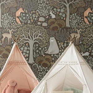 Forest Animals Self-Adhesive Repositionable Removable Wallpaper, Peel & Stick Fabric Wallpaper for Kid's Room, Vinyl Free Non-Toxic, 629B