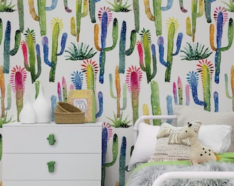 Watercolor Cacti Repositionable Wallpaper, Peel & Stick Wallpaper, Self Adhesive Fabric Wallpaper for Kid's Room or Nursery, PVC Free #251