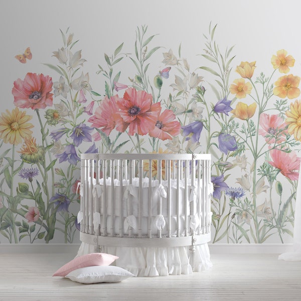 Floral Repositionable Mural Wallpaper, Peel & Stick Wallpaper, Self Adhesive Wallpaper for Nursery or Girl's Room, Vinyl Free, Non Toxic