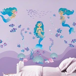 Mermaids Repositionable Fabric Wall Decal for Nursery or Girl&#39;s Room, Eco Friendly Sticker, Mermaid Girl&#39;s Room Decor, Underwater Decal