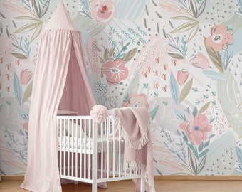 Papier peint mural floral, papier peint en tissu Peel & Stick, papier peint en tissu floral pour chambre de bébé ou chambre de fille, sans PVC, non toxique #380A