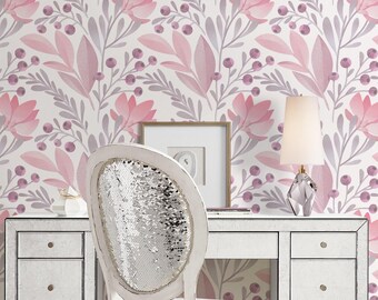 Watercolor Floral Repositionable Removable Wallpaper, Peel and Stick Wallpaper, Floral Self Adhesive Fabric Wallpaper , Nursery Decor #41