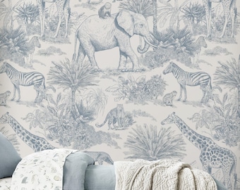 Vintage Safari Animals Self-Adhesive Removable Wallpaper, Peel & Stick Fabric Wallpaper for Kid's Room, Vinyl Free, Non-Toxic #674