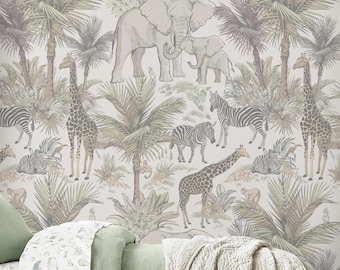 Vintage Safari Animals Self-Adhesive Removable Wallpaper, Peel & Stick Fabric Wallpaper for Kid's Room Vinyl Free, Non-Toxic #690