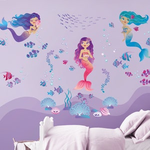 Mermaids Repositionable Fabric Wall Decal for Nursery or Girl&#39;s Room, Eco Friendly Sticker, Mermaid Girl&#39;s Room Decor, Underwater Decal