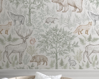 Forest Animals Self-Adhesive Repositionable Removable Wallpaper, Peel & Stick Fabric Wallpaper for Kid's Room, Vinyl Free Non-Toxic, #658