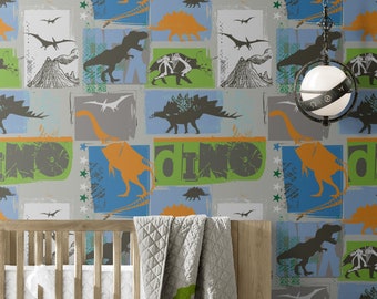 Dinosaurs Repositionable Removable Wallpaper, Peel and Stick Fabric Wallpaper for Nursery or Kid's Room, Dinosaurs Print Wallpaper #53