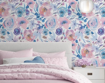 Watercolor Floral Repositionable Removable Wallpaper, Peel & Stick Wallpaper, Floral Fabric Wallpaper, Watercolor Flowers, Nursery Decor 391