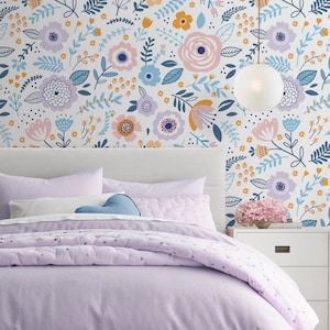 Floral Repositionable Wallpaper, Peel and Stick Wallpaper, Self Adhesive Floral Fabric Wallpaper, Nursery, Girl&#39;s Room Wall Decor #57