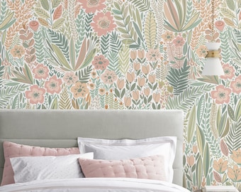 Floral Repositionable Removable Wallpaper, Peel & Stick Fabric Wallpaper, Floral Self Adhesive Wallpaper, PVC Free Non Toxic #494W
