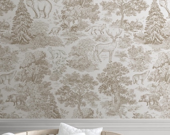 Toile Forest Animals Self-Adhesive Removable Wallpaper, Vintage Peel & Stick Fabric Wallpaper for Kid's Room, Vinyl Free, Non-Toxic, #680