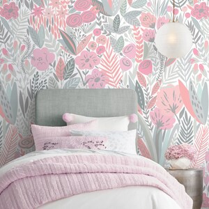 Floral Repositionable Wallpaper, Peel & Stick Fabric Wallpaper, Self Adhesive Floral Wallpaper For Nursery or Girl&#39;s Room, PVC Free #61M