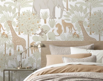 Vintage Safari Animals Self-Adhesive Removable Wallpaper, Peel & Stick Fabric Wallpaper for Kid's Room Vinyl Free, Non-Toxic #659L