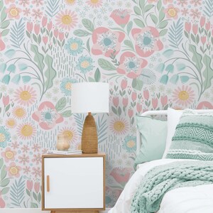 Floral Repositionable Wallpaper, Peel & Stick Wallpaper, Self Adhesive Floral Fabric Wallpaper for Nursery or Girl&#39;s Room, PVC Free #375