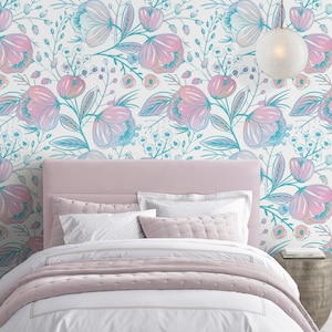 Watercolor Floral Repositionable Wallpaper, Peel & Stick Wallpaper, Flowers Self Adhesive Fabric Wallpaper, Nursery, Girl&#39;s Room Decor #67