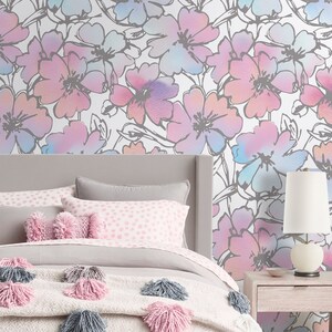 Watercolor Floral Repositionable Wallpaper, Peel & Stick Wallpaper, Flowers Self Adhesive Fabric Wallpaper, Nursery, Girl&#39;s Room Decor #149