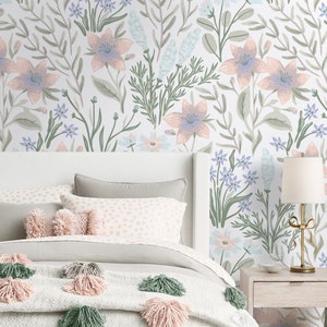 Floral Repositionable Wallpaper, Peel & Stick Wallpaper, Self Adhesive Floral Fabric Wallpaper for Nursery or Girl&#39;s Room, PVC Free #237