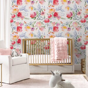 Watercolor Floral Repositionable Wallpaper, Peel & Stick Fabric Wallpaper, Self Adhesive Wallpaper for Nursery or Girl&#39;s Room, PVC Free #328
