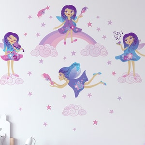 Fairies Repositionable Fabric Wall Decal for Nursery or Girl&#39;s Room, Eco Friendly Sticker, Rainbow and Clouds Decal, Disney Fairy Decal
