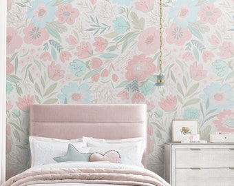 Floral Peel & Stick Fabric Wallpaper, Repositionable Removable Floral Fabric Wallpaper for Nursery or Girl's Room, PVC Free, Non Toxic #523