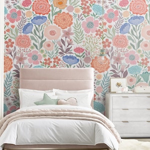 Floral Wallpaper, Peel & Stick Fabric Wallpaper, Self Adhesive Repositionable Fabric Wallpaper for Nursery or Girl&#39;s Room, PVC Free #638