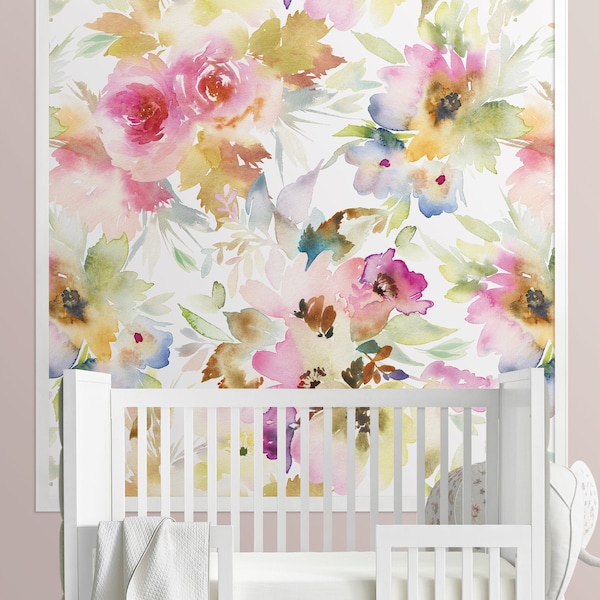 Watercolor Floral Repositionable Wallpaper, Peel & Stick Wallpaper, Floral Fabric Wallpaper, Watercolor  Flowers, Nursery Decor PVC Free 376