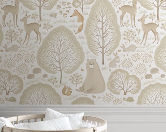 Forest Animals Self-Adhesive Repositionable Removable Wallpaper, Peel & Stick Fabric Wallpaper for Kid's Room, Vinyl Free Non-Toxic, 661