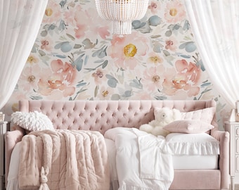 Watercolor Floral Repositionable Removable Wallpaper, Peel & Stick Fabric Wallpaper for Nursery or Girl's Room, Vinyl Free Non Toxic, #500