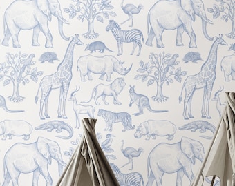 Vintage Animals Self-Adhesive Removable Wallpaper, Safari Jungle Peel & Stick Fabric Wallpaper for Kid's Room Vinyl Free, Non-Toxic #188
