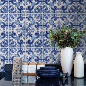 Blue Moroccan Tile Repositionable Removable Wallpaper, Peel & Stick Fabric Wallpaper, Spanish Portuguese Azulejo Tile, PVC Free, #8