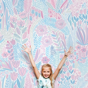 Floral Repositionable Wallpaper, Peel & Stick Fabric Wallpaper, Self Adhesive Floral Wallpaper For Nursery or Girl&#39;s Room, PVC Free #494P