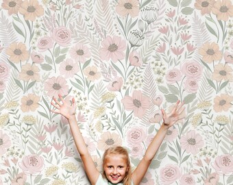 Floral Repositionable Removable Wallpaper, Peel & Stick Fabric Wallpaper, Floral Self Adhesive Wallpaper, PVC Free Non Toxic #617Peach