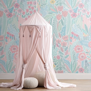 Floral Repositionable Wallpaper, Peel & Stick Fabric Wallpaper, Self Adhesive Floral Wallpaper For Nursery or Girl&#39;s Room, PVC Free #494P
